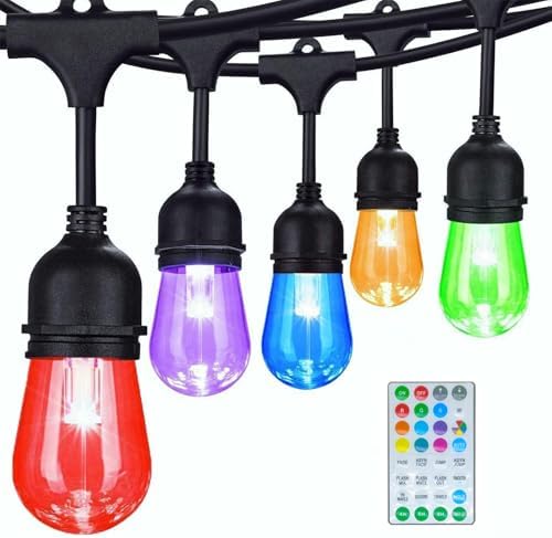 Commercial Grade 48FT LED Outdoor String Lights with Remote Control - 15 Shatterproof Bulbs Waterproof Color Changing Christmas Lights, Dimmable for Patio, Garden, Wedding Decor by LSOOBZ
