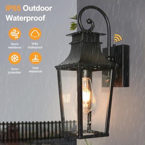 ALVIME Dusk to Dawn Outdoor Wall Lighting, 17 Inch Matte Black Outdoor Sconce Lights, Exterior Light Fixtures for House, Front Door, Porch, Patio, Garage, E26 Base& High Strength Clear Glass - Image 2
