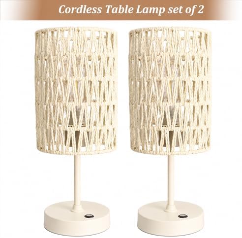 Boho Cordless Outdoor Table Lamps, Rechargeable Battery Operated Rattan Table Lamps, Stepless Dimmable, for Covered Patio, Porch, Gazebo, Living Room, Bedroom Decor- Set of 2 (Ivory White) - Image 2