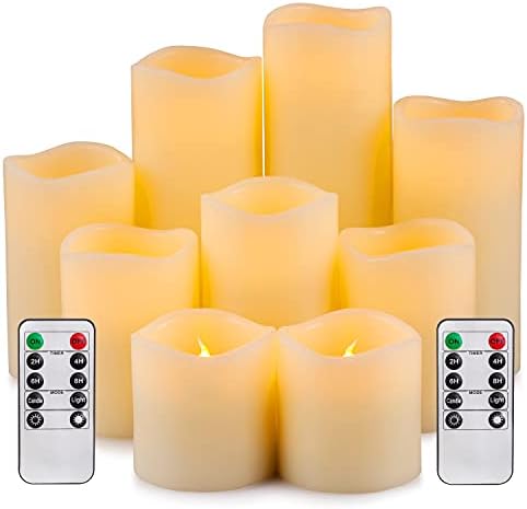 RY King Large Flameless Candle Set of 9 (D 3" x H 3", 3", 4", 4", 5", 5", 6", 7", 8") Battery Operated LED Pillar Real Wax Candles with Remote Control Timer by RYKingFlamelessCandles