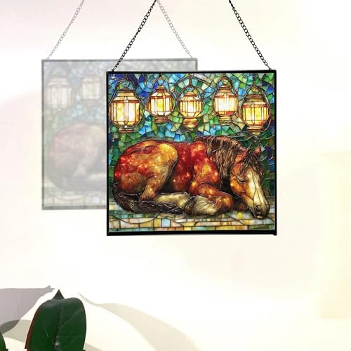 Bay Miniature Horse Curled Near Garden Lanterns Square Suncatcher – Stained Glass Style Window Panel with Pastoral Scene, Custom Decorative Hanging Art for Equestrian Home, Christmas rAWSQA - Image 4