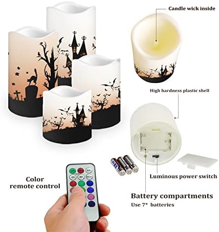 Halloween Flameless Candles with Remote Timer Real Wax Realistic Flickering Battery Operated LED Tealight Pillars with Pumpkin Castle Bat Spider Witch for Halloween Party Decorations - Image 3