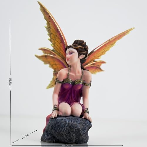 Fantasy Orange-Gold Gradient Wings Fairy Figurine, 6.1 Inch Rock Base Elf Statue, Hand-Painted Resin Decor for Indoor Garden Desk - Image 2