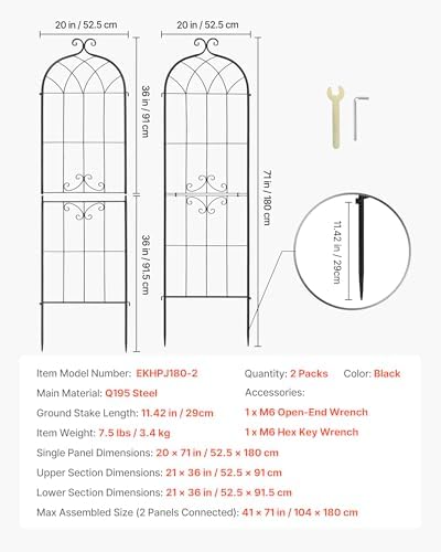 VEVOR Garden Trellis, 71 x 20 inch Rose Trellis, 2 Packs Garden Flower Rose Trellises with Powder-Coated Finish & Convenient Locking Design, Plant Support Trellises for Flowers, Vegetables, Roses - Image 7