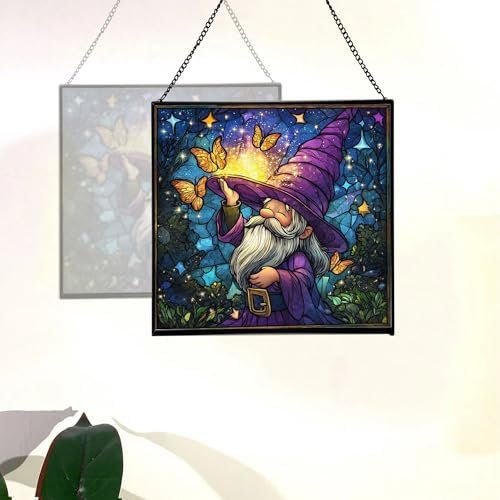 Magic Hat Gnome Stained Glass Suncatcher – Square Hanging Window Panel for Home or Greenhouse – Whimsical Glass Art Gift for Garden Lovers, Christmas, Halloween, Father Days OePCrS - Image 4