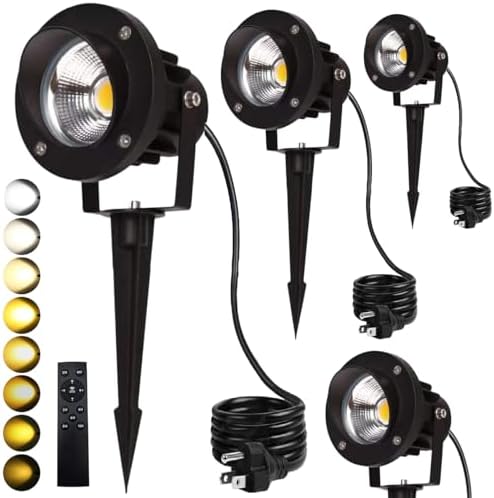 LED Outdoor Spot Lights,120V Landscape Lighting Outdoor Spotlight With Plug Cord , 2700K-6500K Stepless Dimmable Landscape Light with Timer and Remote for Yard Garden Pathway flag (18W, Pack, 4) by EAGLOD