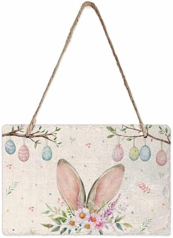 Easter Welcome Wall Hanging Sign- Colorful Easter Eggs Rabbit Ear Flowers Slate Hanging Plaques for Front Door Porch Window Farmhouse Garden 5.1" x 7.9" Wall Home Decor by EwdeWwo