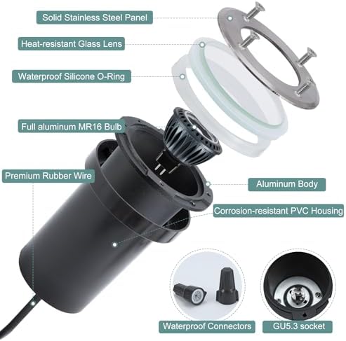 Gardencoin Low Voltage Landscape LED Well Lights, 12V in Ground Lights Outdoor IP67 Waterproof, 5" Tall Wired Landscape Up Lighting, Included Replaceable 5W 2700K MR16 Bulb Dimmable, 6 Pack - Image 3