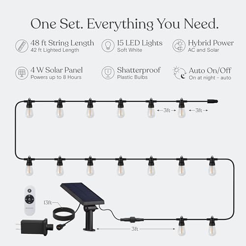 Brightech Ambience Hybrid Outdoor String Lights - Dual Plug and Solar Powered Waterproof LED Light String for Outside - Dimmable Soft White Edison Bulbs for Camping, Patio, Cafe, Yard - 48ft, 4W - Image 5