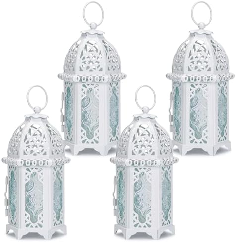 IMAGE 4PCS Candle Lanterns Metal Candle Holder with Transparent Glass Moroccan Decorative Hanging Lantern, 7x16cm, White - Image 2