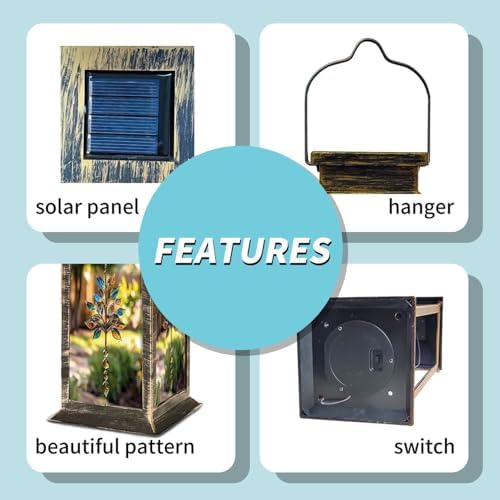Solar Lantern Tree Stained Glass Brown Blue Clear Leaves Metal Outdoor Waterproof Garden Hanging Lantern Solar Powered Lighting Outside Table Lamp for Patio Deck Camping 1 Pack - Image 4