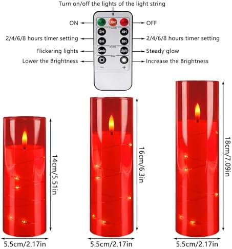 12‑Pack Red Flameless LED Candles(D 2.2" xH 5" 6" 7") with Embedded String Lights,Acrylic Pillar Candles with 2 Remote Timers, Battery‑Operated for Christmas, Halloween & New Year Decor. - Image 3