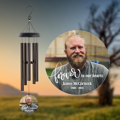 Memorial Wind Chime with Photo, Personalized Photo Memorial Gifts, Sympathy Gifts, Forever in Our Hearts Sympathy Wind Chime, Bereavement Gift with Photo (Black) - Image 2