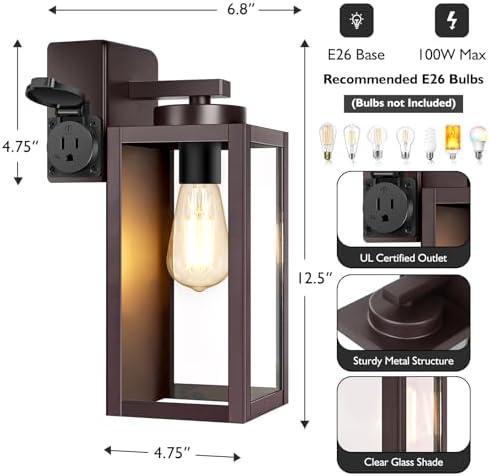 BesLowe Porch Lights with Outlet, Brown Modern Outdoor Wall Light Fixtures - Image 6