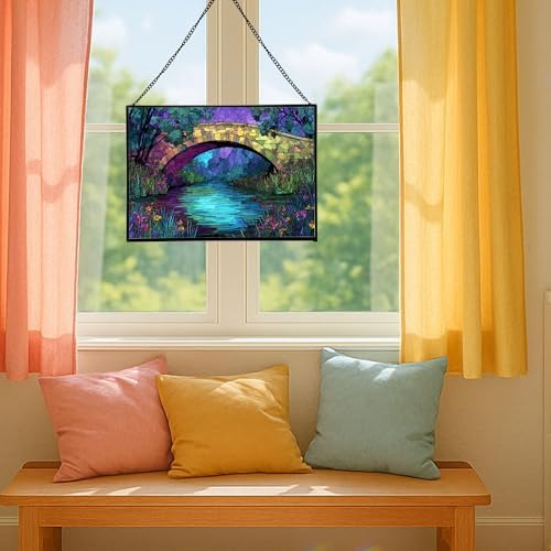 Rainbow Bridge Over Meadow Stream Rectangular Stained Glass Suncatcher – Hanging Window Panel with Animal & Nature Scene – Vibrant Glass Art Gift for Wildlife, Fantasy, Nature Lovers AiKrXc - Image 5