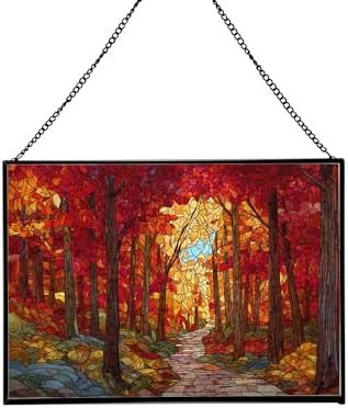 Path Through Glowing Autumn Forest Rectangular Stained Glass Suncatcher – Hanging Window Panel with Animal & Nature Scene – Vibrant Glass Art Gift for Wildlife, Fantasy, Nature Lovers s7FLYi by Custom