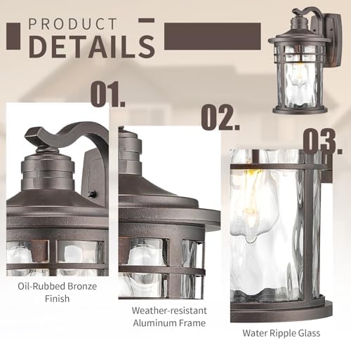 Darkaway Outdoor Wall Light Fixture,2pcs 14.57inch Large Outside Porch Lights Wall Mounted Water Ripple Glass Exterior Waterproof Lantern Modern Wall Sconce Lighting for House - Image 4