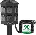 TiFFCOFiO Outdoor Power Strip with Stake Waterproof, 90 FT Extension Cord, 6 Grounded Outlets for Outdoor Lights, 14 AWG, 15A/1875W, ETL Listed by TiFFCOFiO