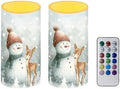 Flameless Candles Bulk Set of 2 Flickering Battery Operated Candles with Remote and Timers Christmas Snowman Deer Print Battery Tealights for New Year Party Decoration LED Pillar Lights by Merkmak
