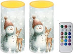 Flameless Candles Bulk Set of 2 Flickering Battery Operated Candles with Remote and Timers Christmas Snowman Deer Print Battery Tealights for New Year Party Decoration LED Pillar Lights by Merkmak
