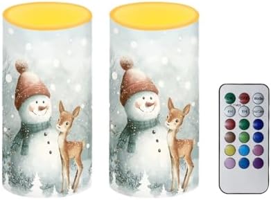 Flameless Candles Bulk Set of 2 Flickering Battery Operated Candles with Remote and Timers Christmas Snowman Deer Print Battery Tealights for New Year Party Decoration LED Pillar Lights by Merkmak