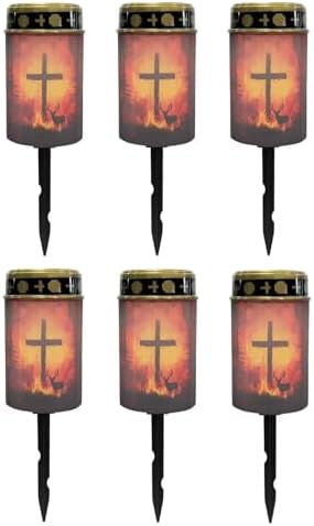 Poceacles Cross Outdoor Lights Pack of 6 Solar Powered Flameless Candle Cemetery Votive Candles Waterproof Outdoor Memorial Candle Solar Stake Lights for Grave Cemetery, Deer Cross Flame Forest by Poceacles