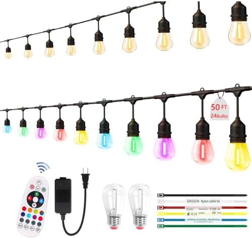 50FTOutdoor String Lights,24+2 LED RGBW Color Change,3000K Bright White | Heavy-duty commercial grade IP65 Waterproof, Dimmer & Remote, 12 Colors & 4 Modes, Outdoor Lights for Patio Backyard Decor by EIKOSON