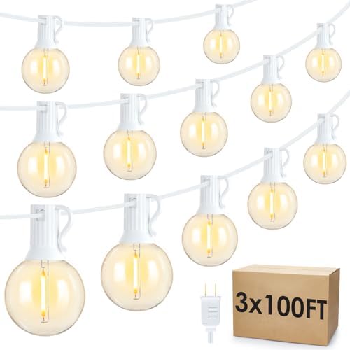 Mlambert 300Ft(3x100Ft) LED Outdoor String Lights Dimmable Waterproof G40 Globe Patio Lights with 150+7 Warm White Bulbs for Bistro Outside-White Cord by Mlambert
