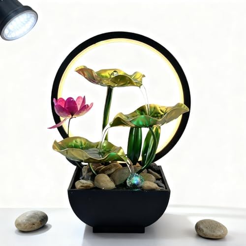 AOZITA Tabletop Fountain, Indoor Waterfall Fountain, Small Home Décor Zen Relaxation Soothing Sound Machine for Office, Living Room, or Bedroom, Green Metal Lotus with Flower, River Rocks, Round LED by Unknown