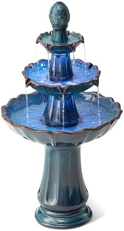 Glitzhome Outdoor 3 Tier Pedestal Fountain with LED Light & Pump - 45.25" H, Ceramic Turquoise Water Fountains Waterfall Large Floor-Standing Garden Fountain for Patio, Lawn, Backyard by Glitzhome