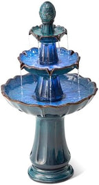 Glitzhome Outdoor 3 Tier Pedestal Fountain with LED Light & Pump - 45.25" H, Ceramic Turquoise Water Fountains Waterfall Large Floor-Standing Garden Fountain for Patio, Lawn, Backyard by Glitzhome