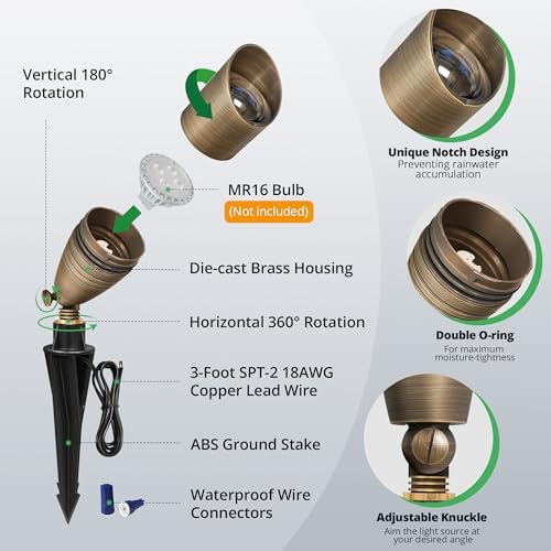 GKOLED Solid Brass Landscape Spotlight, 12V AC/DC Low Voltage Landscape Lights, Outdoor Directional LED Uplight Waterproof Fixture with ABS Spike, Garden Patio Trees Spot Up Light, No MR16 Bulb - Image 3
