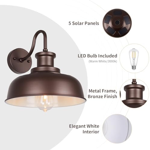 Solar Barn Lights for Outside, Outdoor Wall Light Solar Powered, Farmhouse Exterior Wall Sconce, Industrial Outside Lighting Fixture, Rustic Bronze White Lanterns for Barn Shed Coop Garage Patio - Image 3