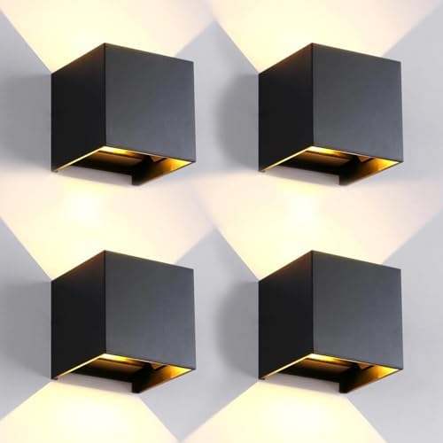 4 Pack LED 20W Outdoor Wall Lights Exterior/Interior 3 Colors Adjustable Wall Sconce Up and Down Light Porch Lights IP65 Waterproof Exterior Wall Sconce Modern Outdoor Lighting Square Aluminum Black by MilleLucciole