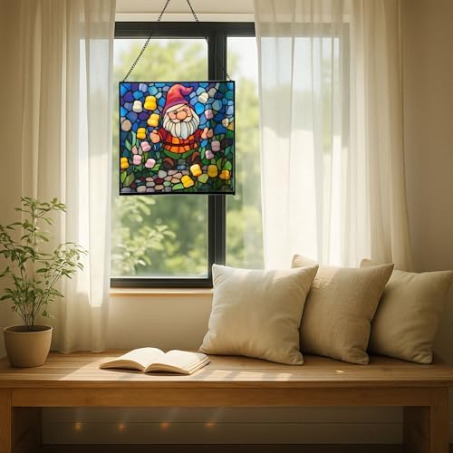 Gnome in Marshmallow Garden Stained Glass Suncatcher – Square Hanging Window Panel for Home or Greenhouse – Whimsical Glass Art Gift for Garden Lovers, Christmas, Halloween, Father Days KUb2c5 - Image 7