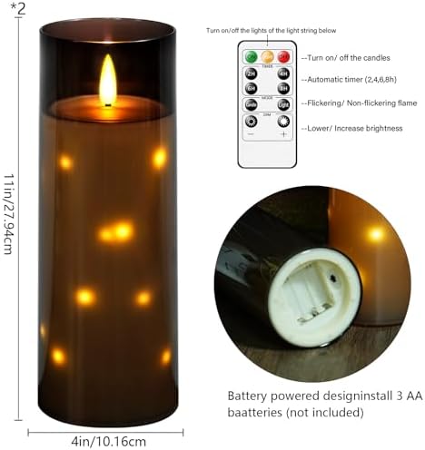 kakoya 11" x 4" Large Outdoor Waterproof Flameless LED Candles with Remote and Timer,Acrylic Pillar Candles Battery Operated with Embedded Star String for Porch,Patio,Outdoor Decor,Set of 2(Grey) - Image 5