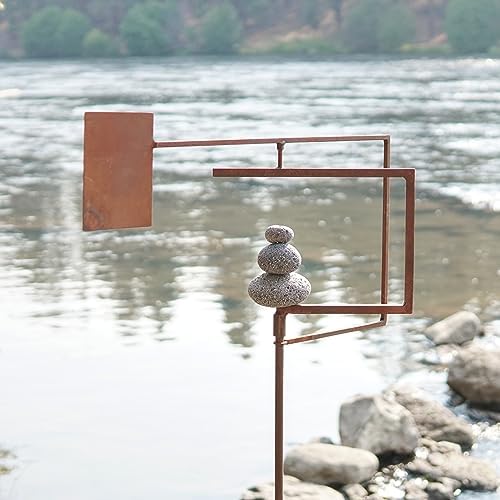 Aura Life Modern Zen Garden Spinner Kinetic Wind Sculpture with Rock Cairn & Stake - Relaxing Outdoor Spinners for Yard and Garden - Handmade Outdoor Wind Art Vane Sculptures (Bare Steel) by AuraLife