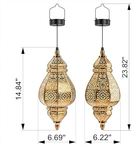 Hapjoy Moroccan Hanging Solar Lights Outdoor Lantern Bidirectional Availabili Garden Decor Waterproof Plastic Gold Decorations for Patio Pathway Yard Backyard Solar Powered Garden Decorative (2, gold) - Image 6