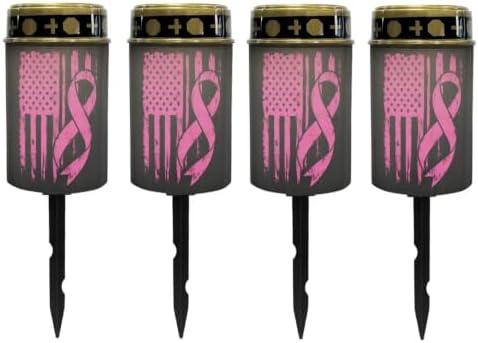 Poceacles Solar Outdoor Lights Solar Grave Lights Cemetery Candles Decorative LED Automatic Flameless Candle, Pink Ribbon American Flag, Pack of 4 by Poceacles