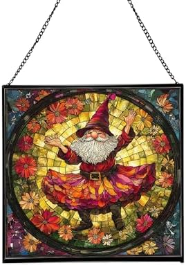 Petal Skirt Gnome Dance Stained Glass Suncatcher – Square Hanging Window Panel for Home or Greenhouse – Whimsical Glass Art Gift for Garden Lovers, Christmas, Halloween, Father Days RKJjbe by Custom
