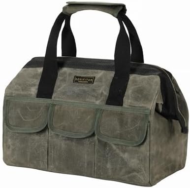 15 Inch Tool Bag, Heavy Duty Waxed Canvas Wide Mouth Water-Resistant Tool Pouch, Garden Tool Tote with 15 Pockets | ArmyGreen by Denifiter