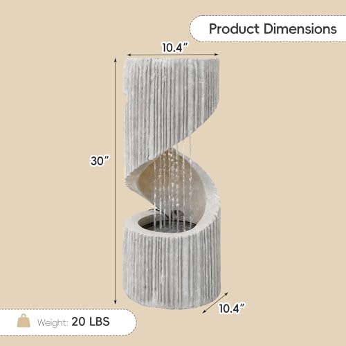 Modern S-Shaped Outdoor Fountain with LED Light, 30” Tall Spiral Column Waterfall Feature with Flat Top for Plant Display, Decorative Water Fountain for Garden, Patio - Image 5