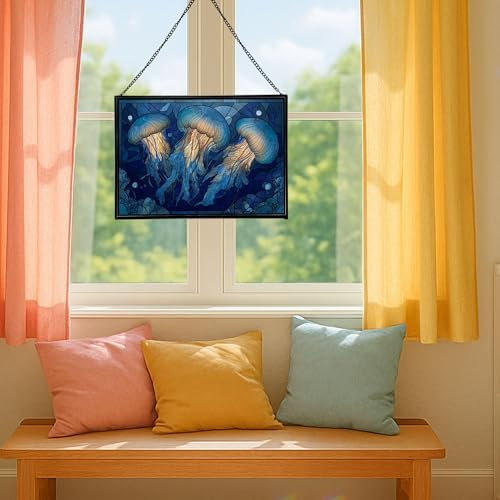 Jellyfish Floating in Moonlit Waters Rectangular Stained Glass Suncatcher – Hanging Window Panel with Animal & Nature Scene – Vibrant Glass Art Gift for Wildlife, Fantasy, Nature Lovers NMAUJn - Image 5