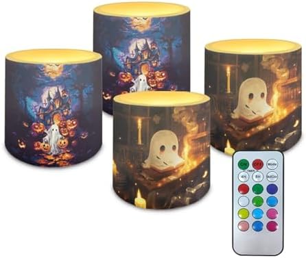Flameless Candles with Remote, Battery Operated Ghost Haunted House Flickering LED Candles Halloween Day Decor Electric Pillar Candles Set of 4 by WelcometoLuarisgur