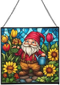 Spring Garden Gnome Stained Glass Suncatcher – Square Hanging Window Panel for Home or Greenhouse – Whimsical Glass Art Gift for Garden Lovers, Christmas, Halloween, Father Days YhRWhP by Custom