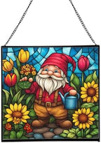 Spring Garden Gnome Stained Glass Suncatcher – Square Hanging Window Panel for Home or Greenhouse – Whimsical Glass Art Gift for Garden Lovers, Christmas, Halloween, Father Days YhRWhP by Custom