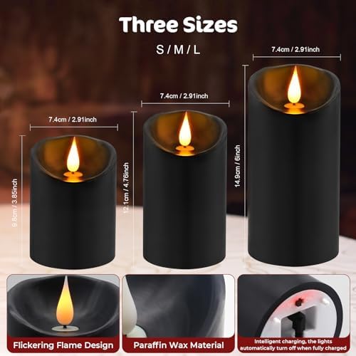 3 Pack Black Real Wax Rechargeable Candles Flickering Realistic - Image 2