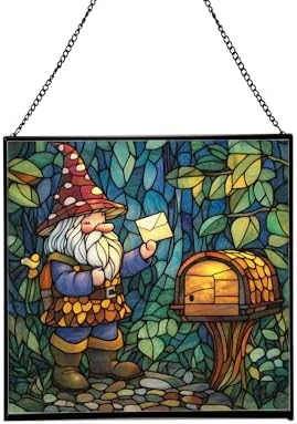 Gnome Mail Delivery Stained Glass Suncatcher – Square Hanging Window Panel for Home or Greenhouse – Whimsical Glass Art Gift for Garden Lovers, Christmas, Halloween, Father Days HyLaaA by Custom