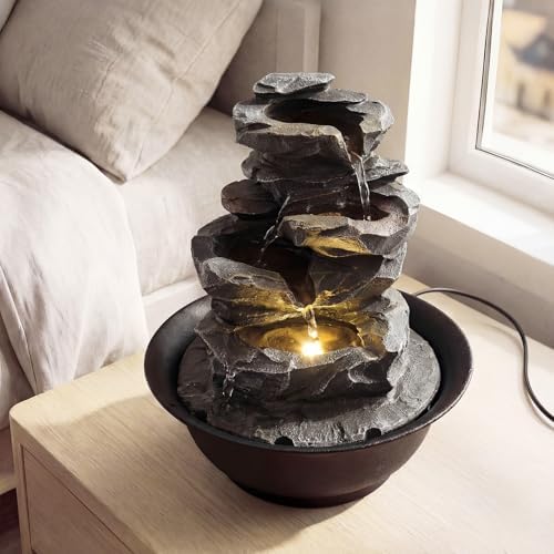 Giantex Tabletop Water Fountain with Warm LED Light, Tiered Rock Waterfall with Pump, Zen Meditation Desktop Decor for Office, Home Relaxation - Image 3