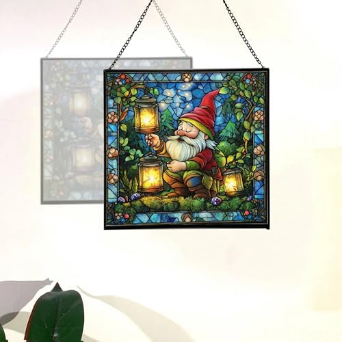 Gnome with Firefly Lanterns Stained Glass Suncatcher – Square Hanging Window Panel for Home, Garden, Nursery, Halloween, Christmas, Memorial Day – Whimsical Glass Art Gift for Gnome Lovers yb570v - Image 4